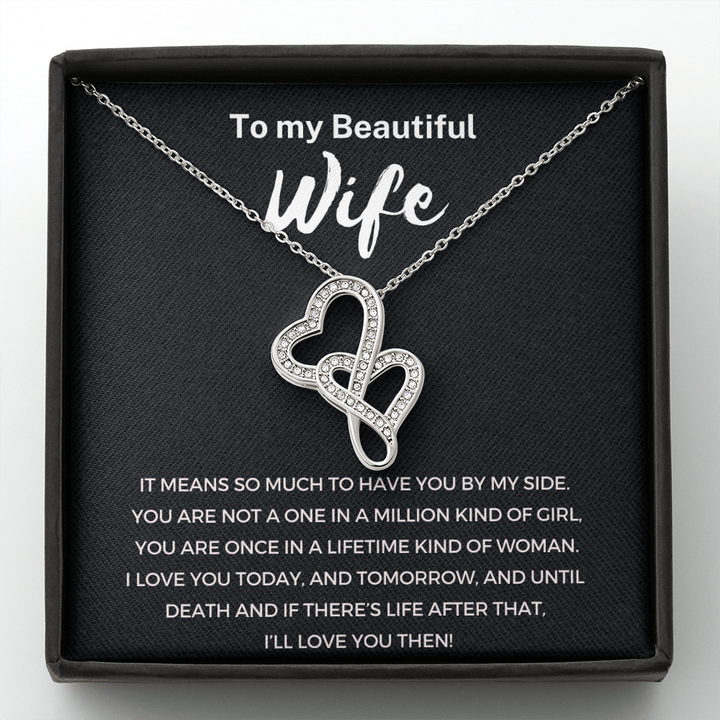To My Beautiful Wife Double Heart Necklace Message Card