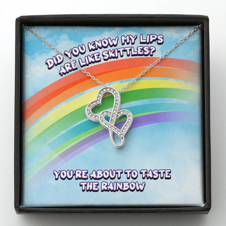 Did You Know My Lips Are Like Skittles Double Heart Necklace Message Card