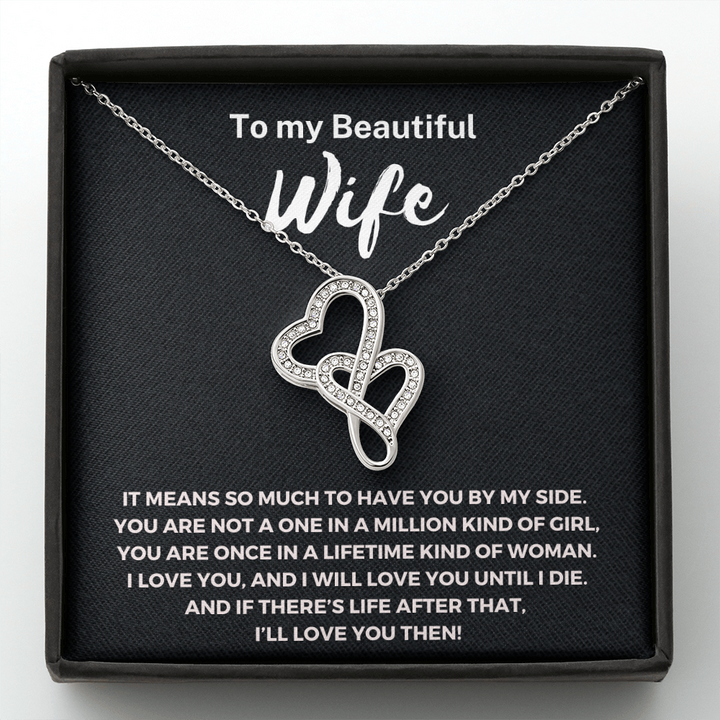To My Beautiful Wife Double Heart Necklace Message Card