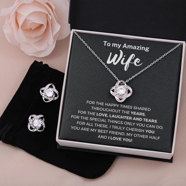 To My Amazing Wife Love Knot Earring & Necklace Set Message Card