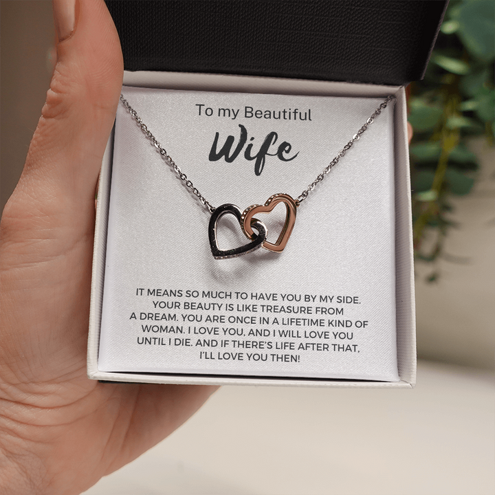 To My Beautiful Wife Interlocking Heart Necklace Message Card